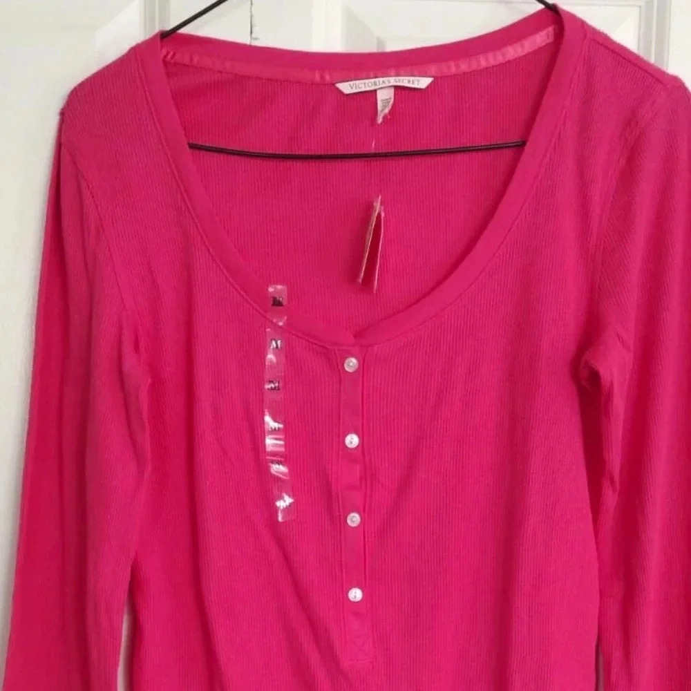 Victorias Secret  Top Womens Medium Pink long sleeve Henley Shirt Stretch